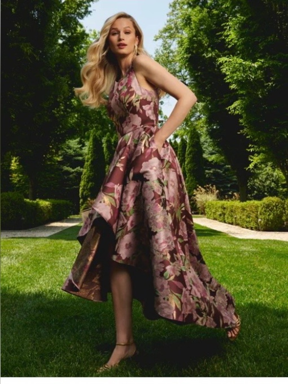 Burgundy Floral Sleeveless High-Low Gown